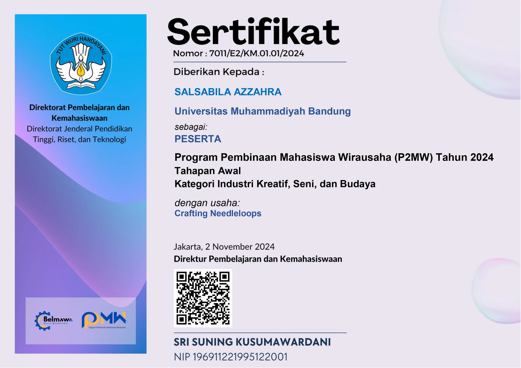 Sertifikat P2MW 2024 atas nama Salsabila Azzahra sebagai peserta kategori industri kreatif, seni, dan budaya