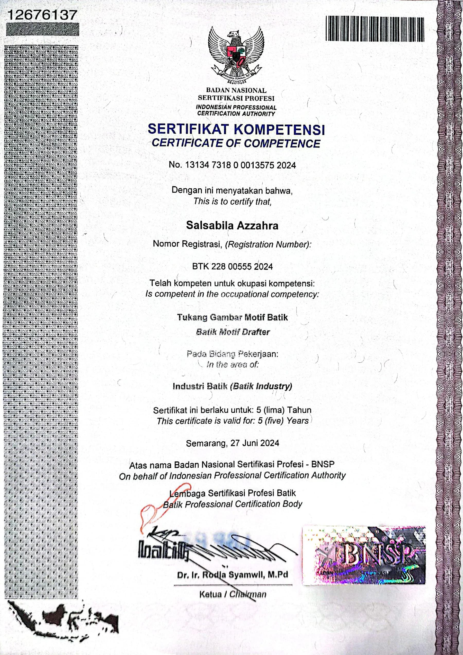 Sertifikat kompetensi BNSP atas nama Salsabila Azzahra untuk okupasi Tukang Gambar Motif Batik