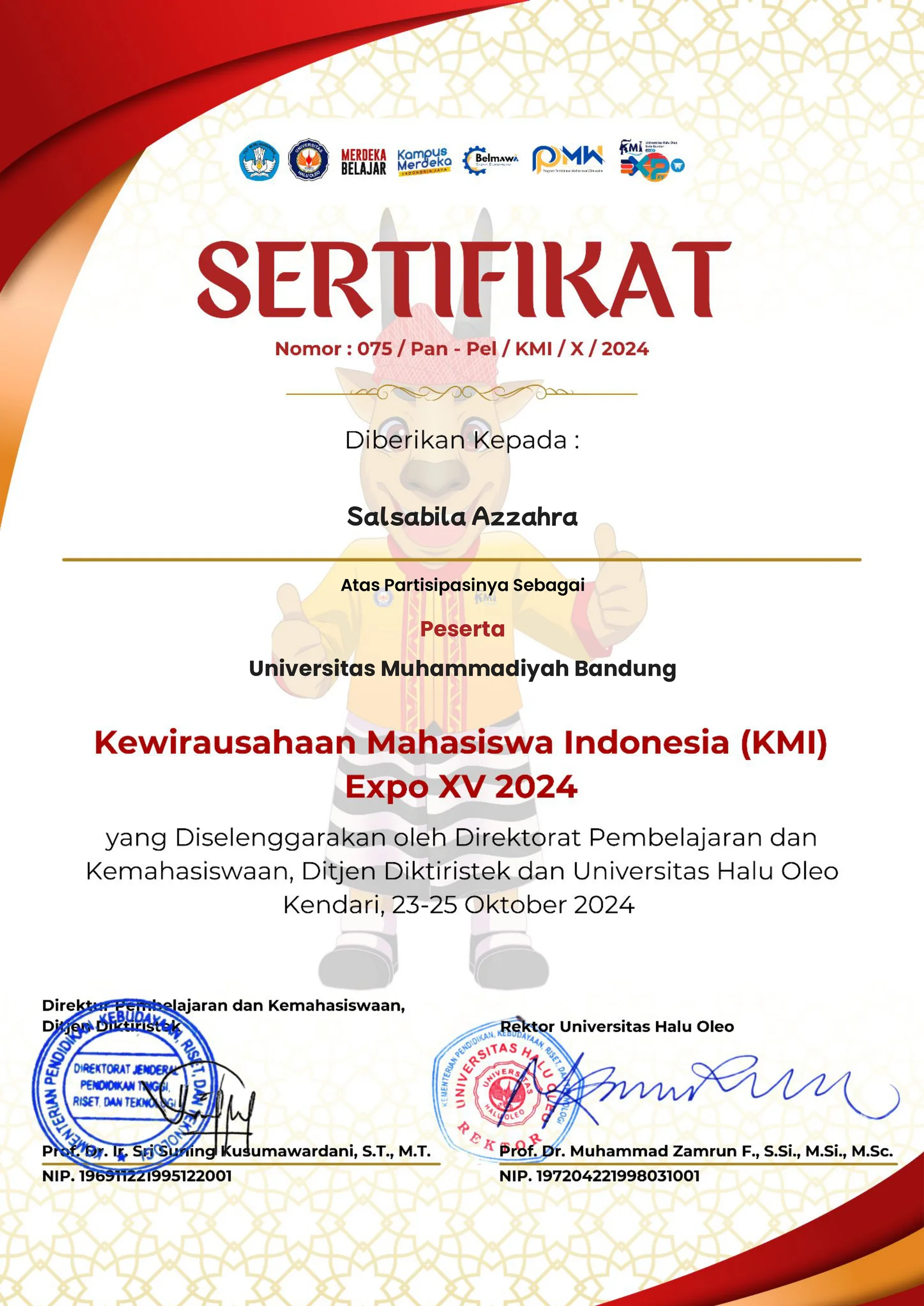 Sertifikat keikutsertaan KMI Expo XV 2024 atas nama Salsabila Azzahra