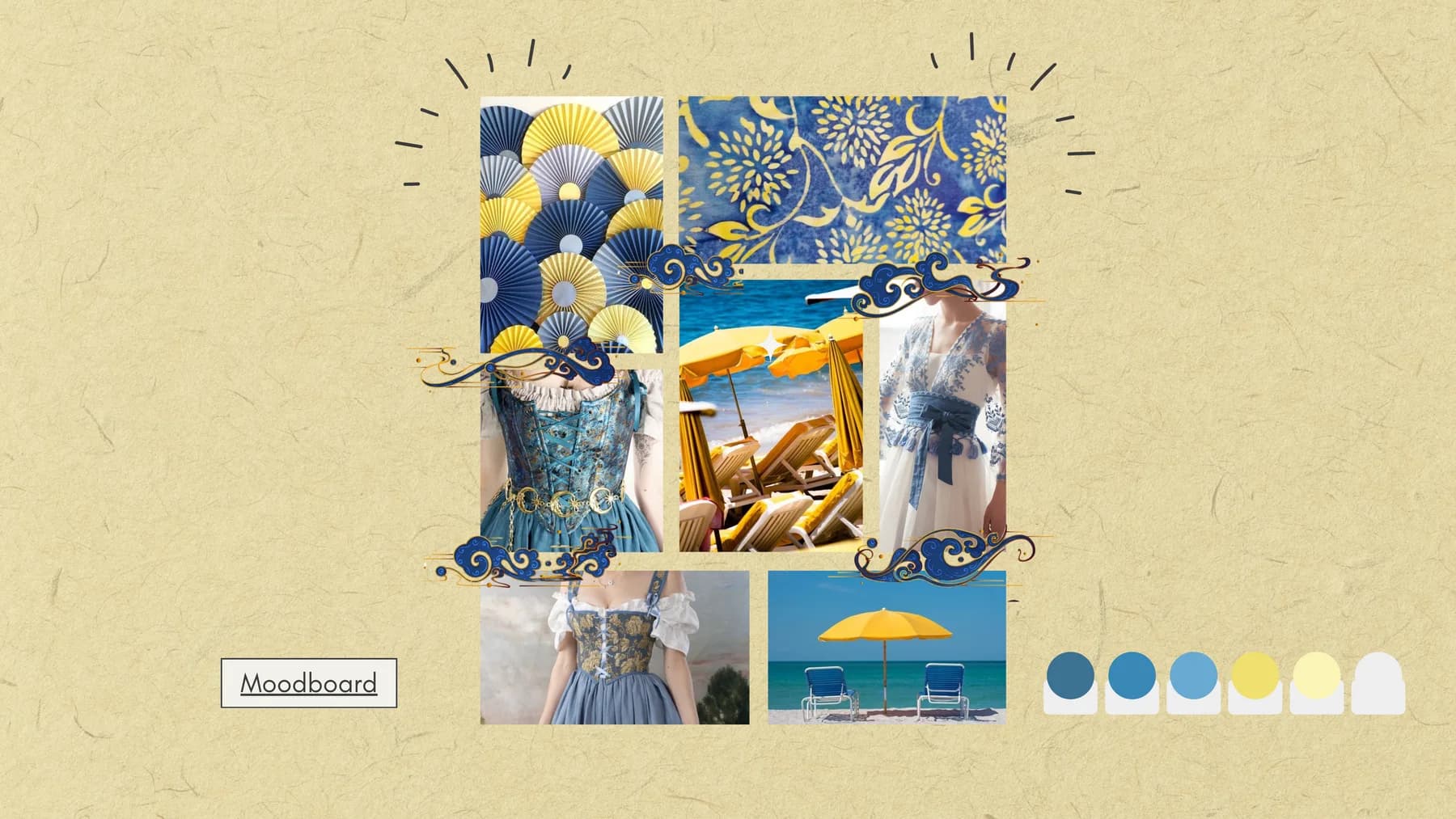 Papan suasana berisi kipas lipat biru dan kuning, kain batik indigo berhias sulur emas, kursi pantai di bawah payung kuning, dan enam contoh warna dari biru tua sampai putih