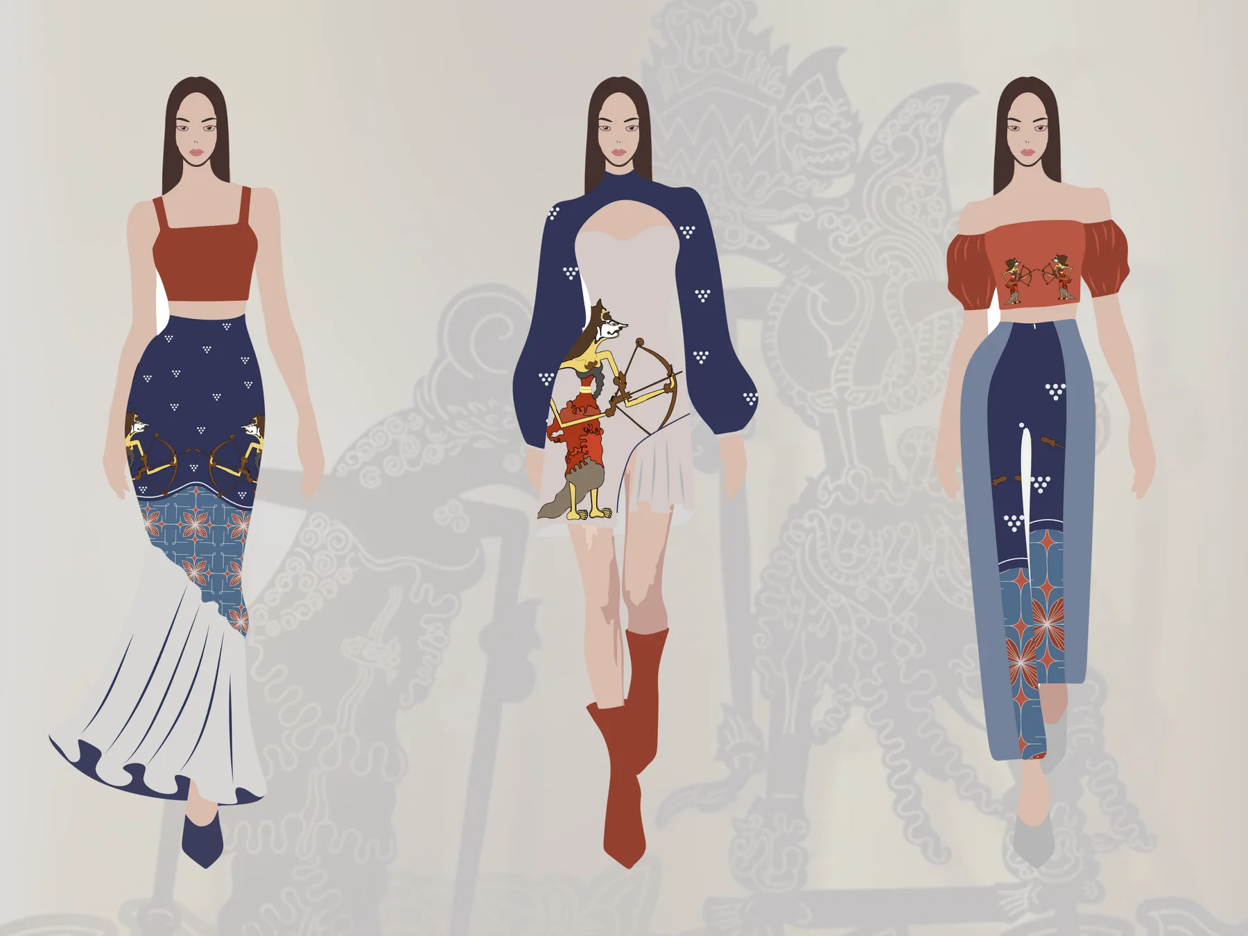 Tiga tampilan berjajar: rok duyung nila, gaun pendek berlengan gelembung, dan atasan merah bata dengan celana bermotif