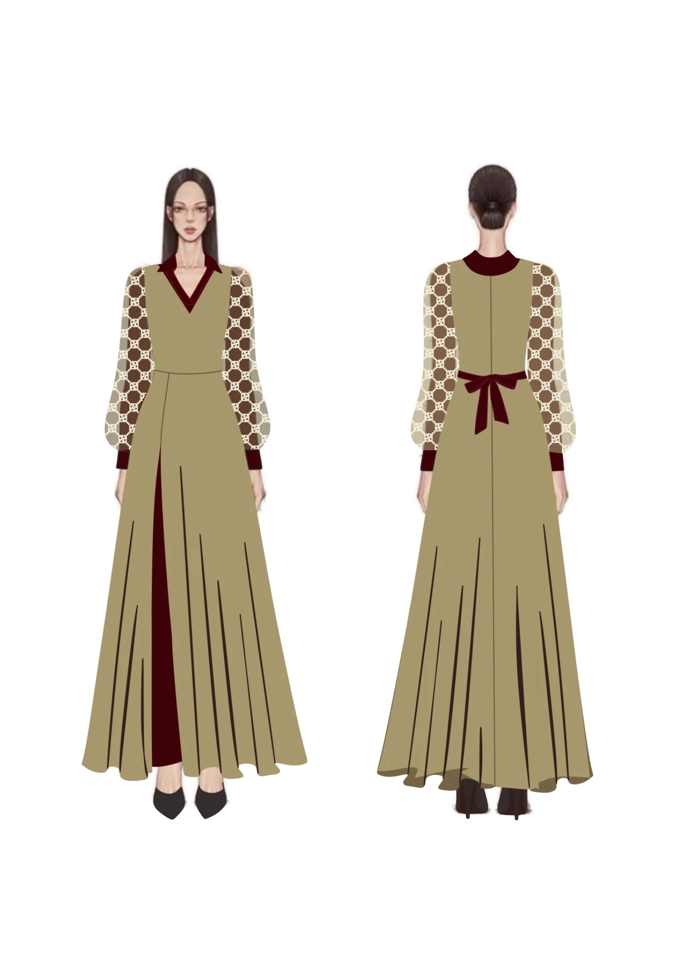 Gambar teknis gaun panjang khaki berkerah V marun dengan belahan depan, lengan balon bermotif geometris cokelat, dan pita marun di punggung, tampak depan dan belakang