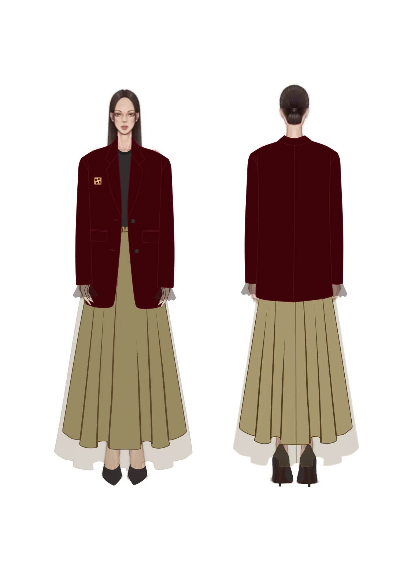 Gambar teknis blazer marun longgar dengan bordir emas di dada, dipadu rok panjang khaki berlapis kain tipis, tampak depan dan belakang