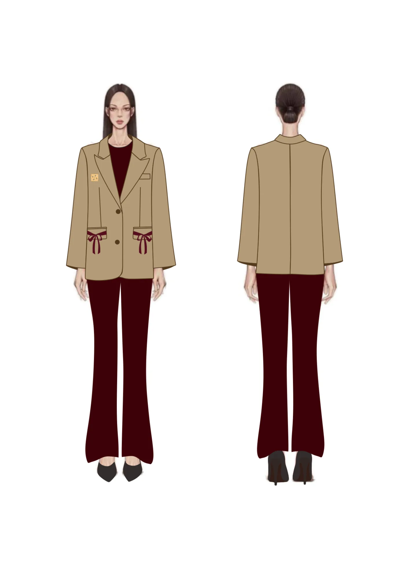 Gambar teknis blazer khaki dengan pita marun di saku dan bordir emas di dada, dipadu celana panjang marun, tampak depan dan belakang