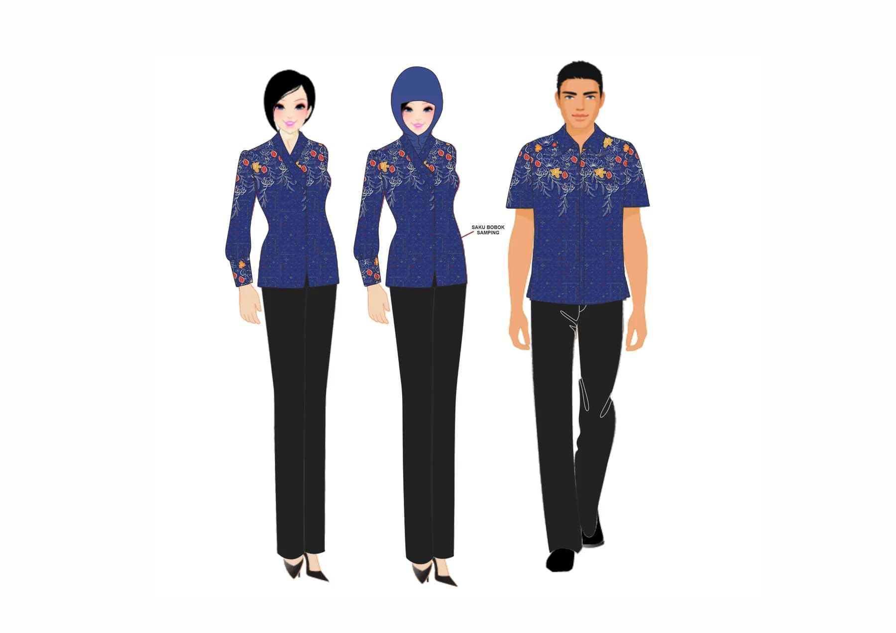 Tiga tampilan seragam batik nila dengan rangkaian bunga oranye dan kuning di bahu, versi perempuan, perempuan berjilbab, dan pria lengan pendek