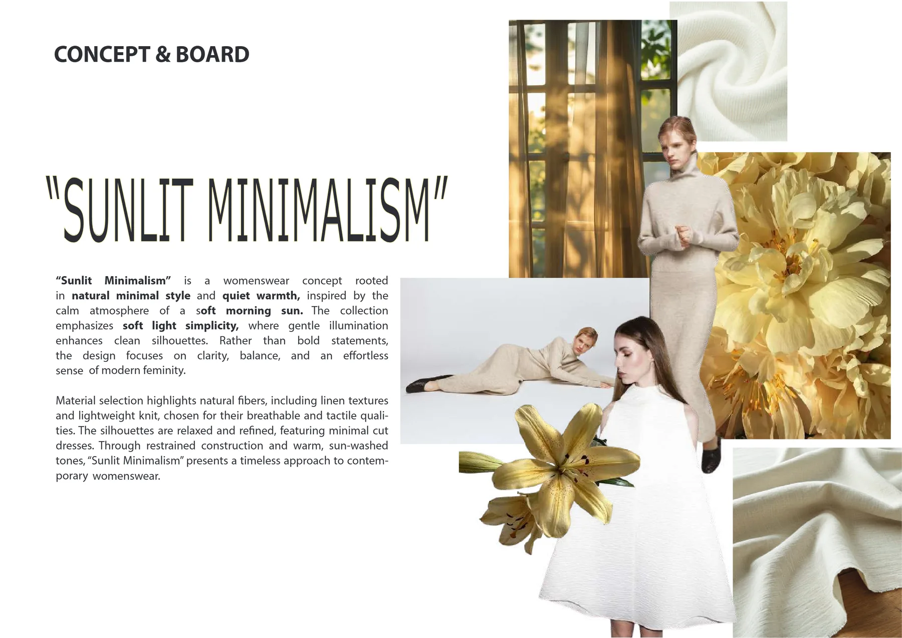 Papan konsep Sunlit Minimalism: judul, uraian konsep, foto perempuan bergaun rajut krem di depan tirai bermandi cahaya, bunga peoni dan lili kuning, serta kain putih berlipat
