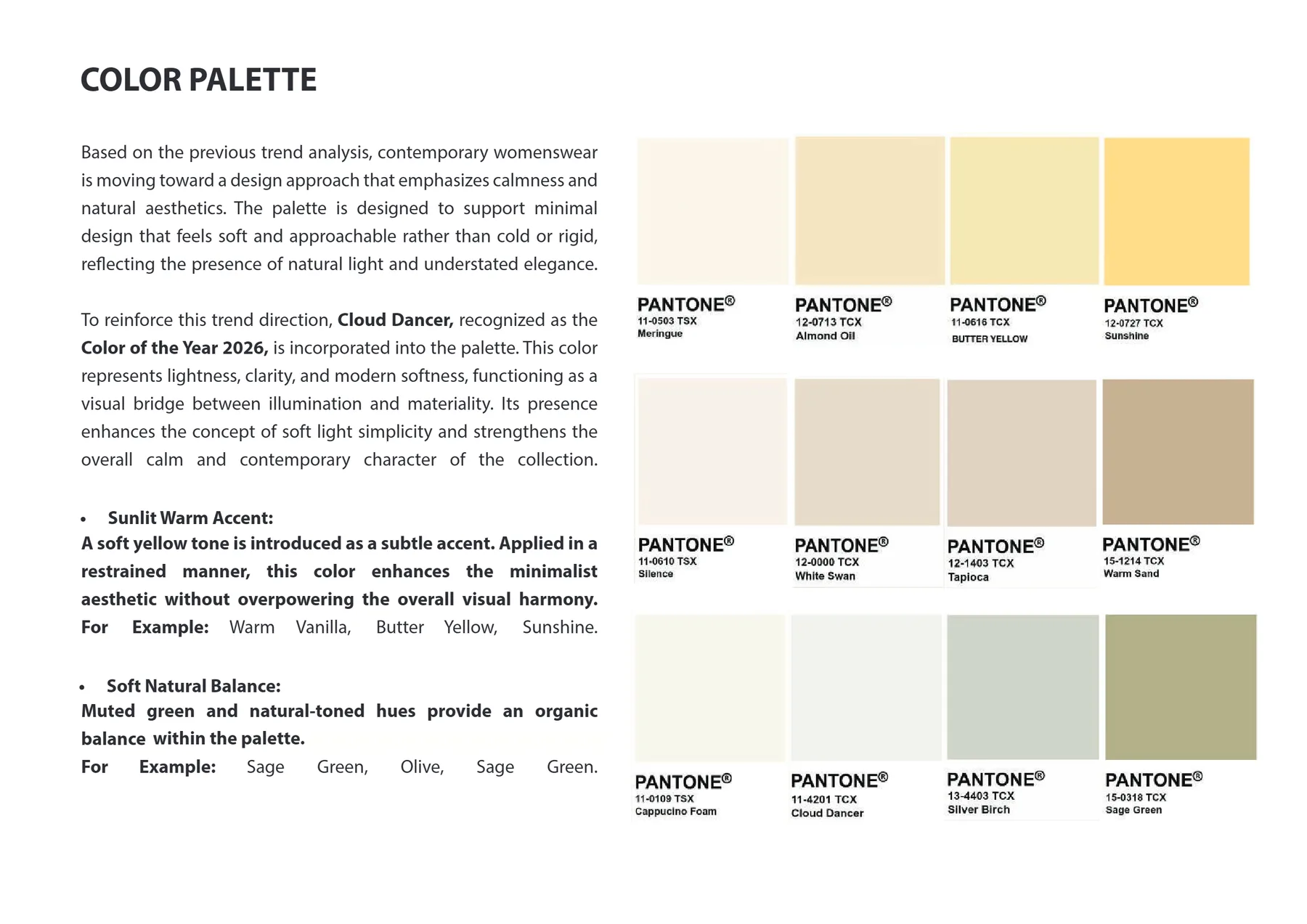 Dua belas contoh warna Pantone dari Meringue dan Cloud Dancer sampai Sunshine, Warm Sand, dan Sage Green, dengan penjelasan aksen hangat dan penyeimbang alami