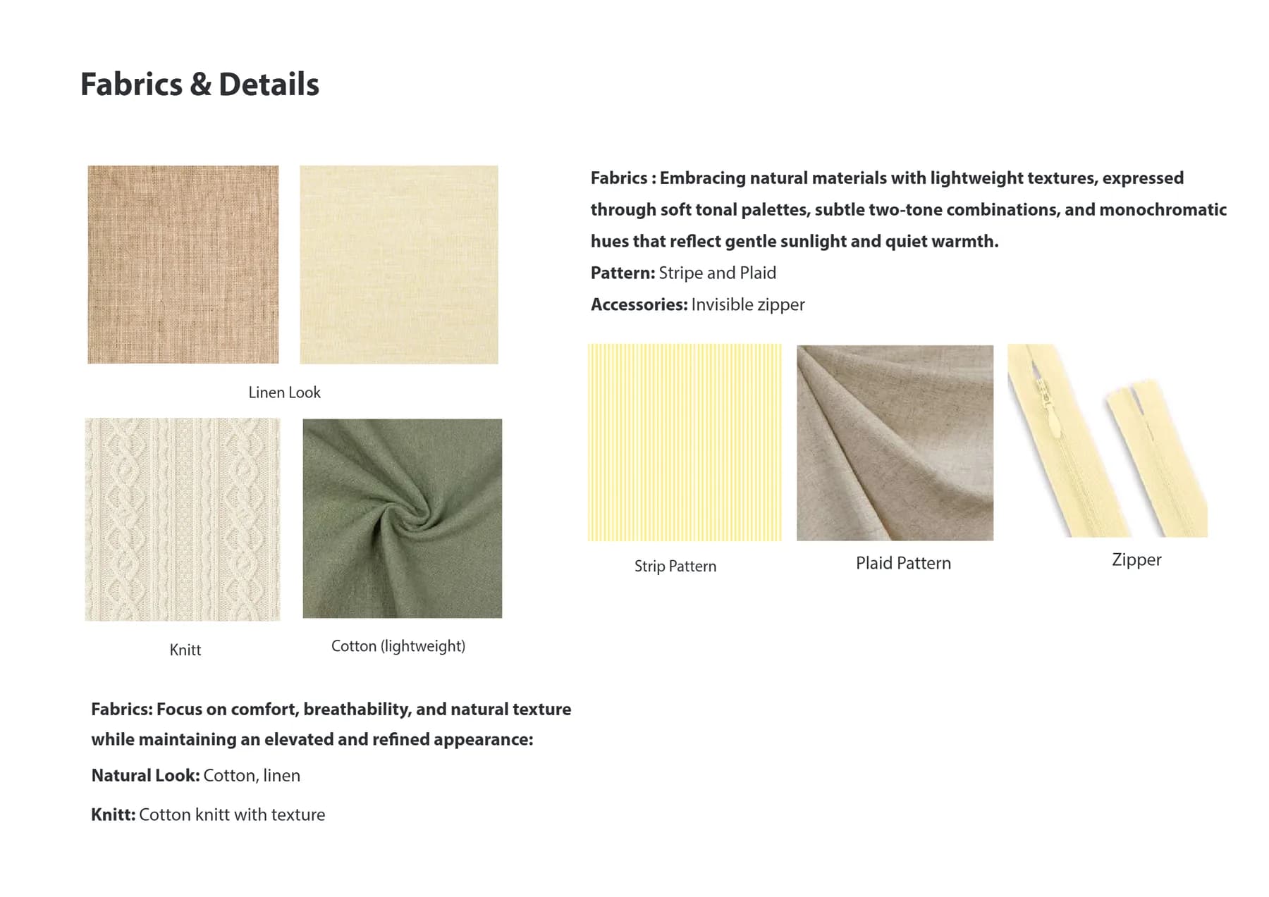Contoh bahan: linen coklat dan krem, rajut kabel putih, katun ringan hijau sage, pola garis kuning, pola kotak linen, dan ritsleting tersembunyi kuning