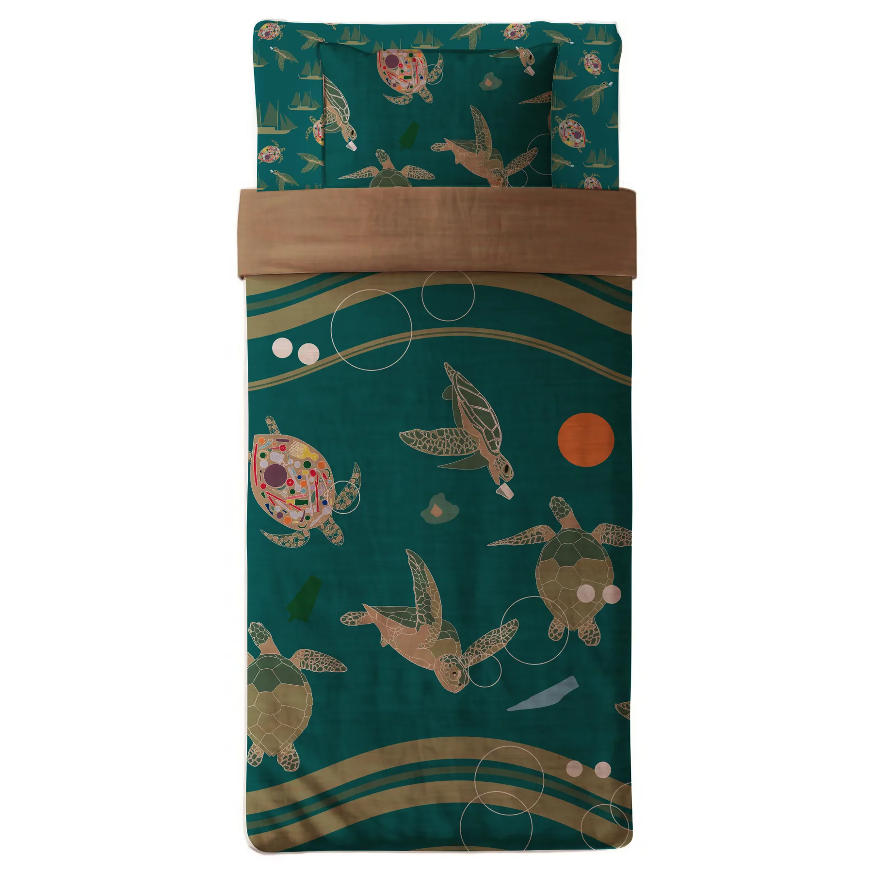 Motif penyu diterapkan pada seprai dan sarung bantal berlatar hijau laut