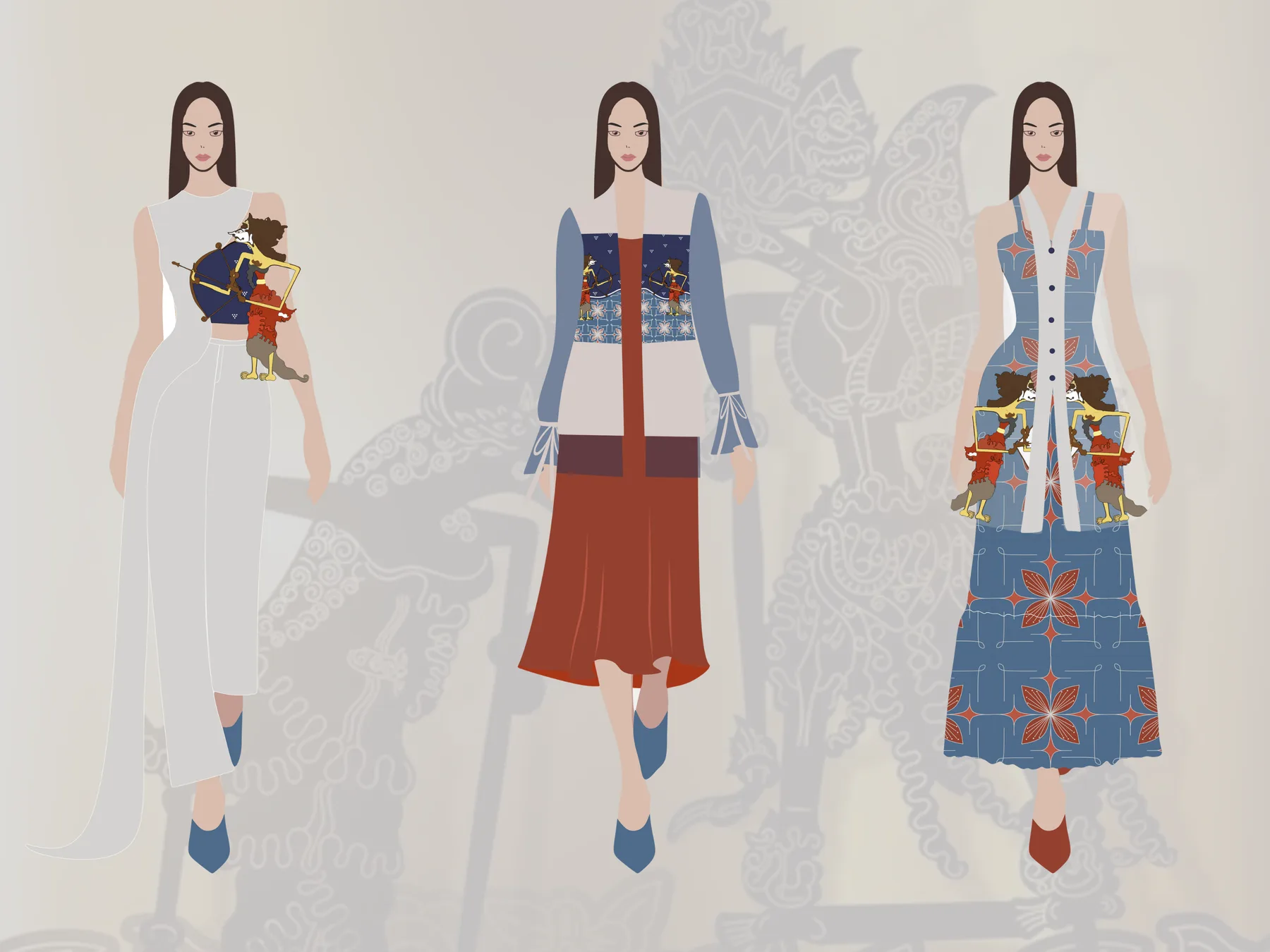 Tiga tampilan berjajar di depan bayangan wayang: gaun putih asimetris, setelan rok merah bata, dan gaun panjang bermotif biru