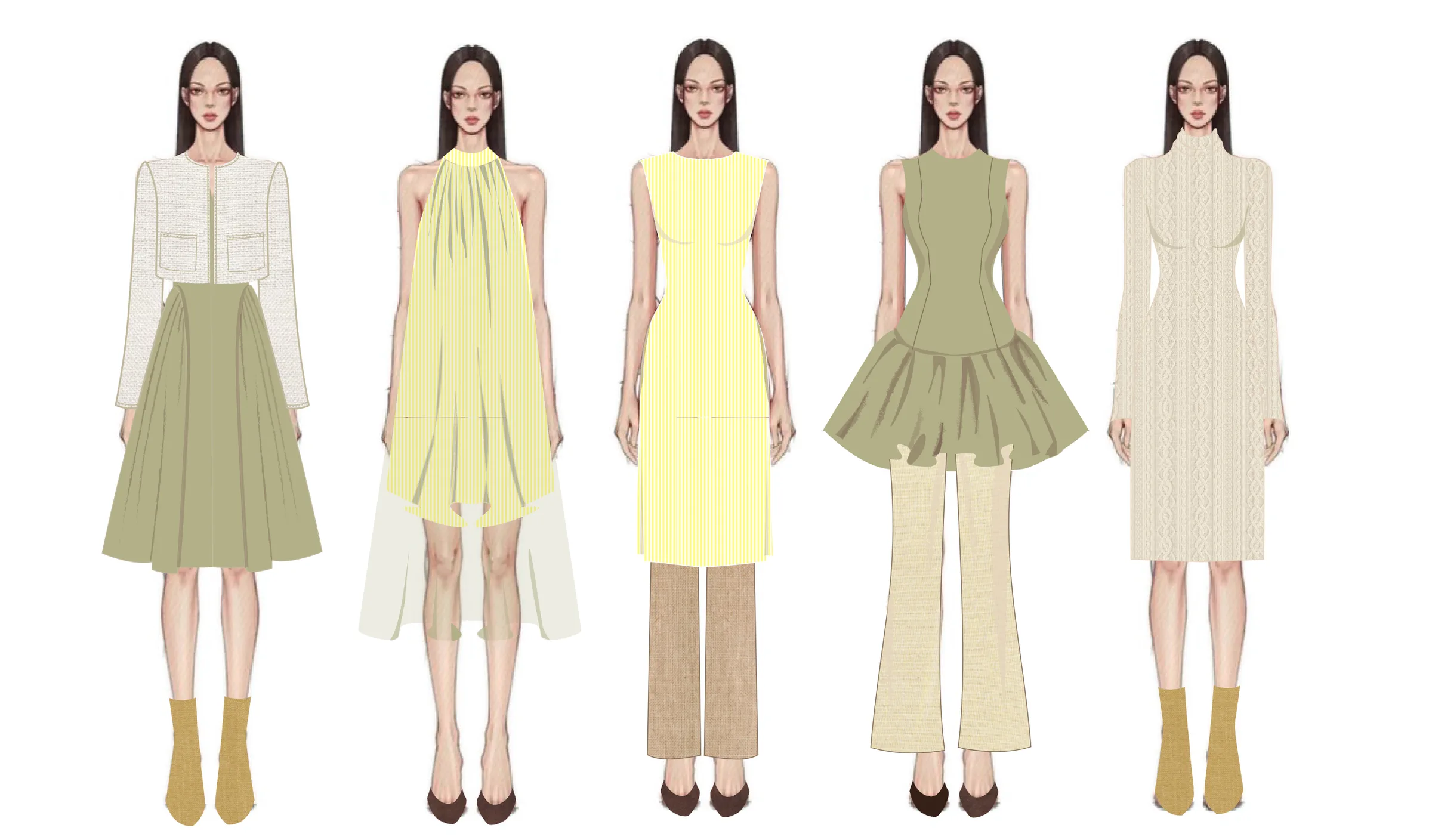 Lima tampilan berjajar: jaket crop krem dengan rok lipit sage, gaun halter kuning transparan, gaun garis kuning dengan celana linen, atasan sage berok mengembang dengan celana krem, dan gaun rajut krem berkerah tinggi